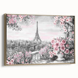 Framed canvas of a vintage Paris landscape in black and gold tones, ideal for bedroom wall art.