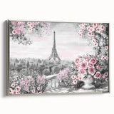 Landscape art painting of Paris with colorful and vintage poster art style on a black framed canvas.