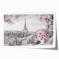 Extra large rolled print of Paris scenery with floral elements in muted pastel shades.