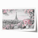 Extra large rolled print of Paris scenery with floral elements in muted pastel shades.