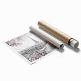Extra large rolled print of Paris scenery with floral accents in pastel shades, ideal for classy bathroom wall art.