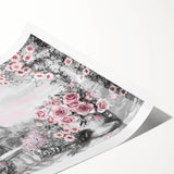 Extra large wall art featuring line art flowers over a Paris scenery backdrop, printed on rolled canvas.