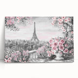 Black and white print of Paris street scene on stretched canvas, ideal for kitchen art.