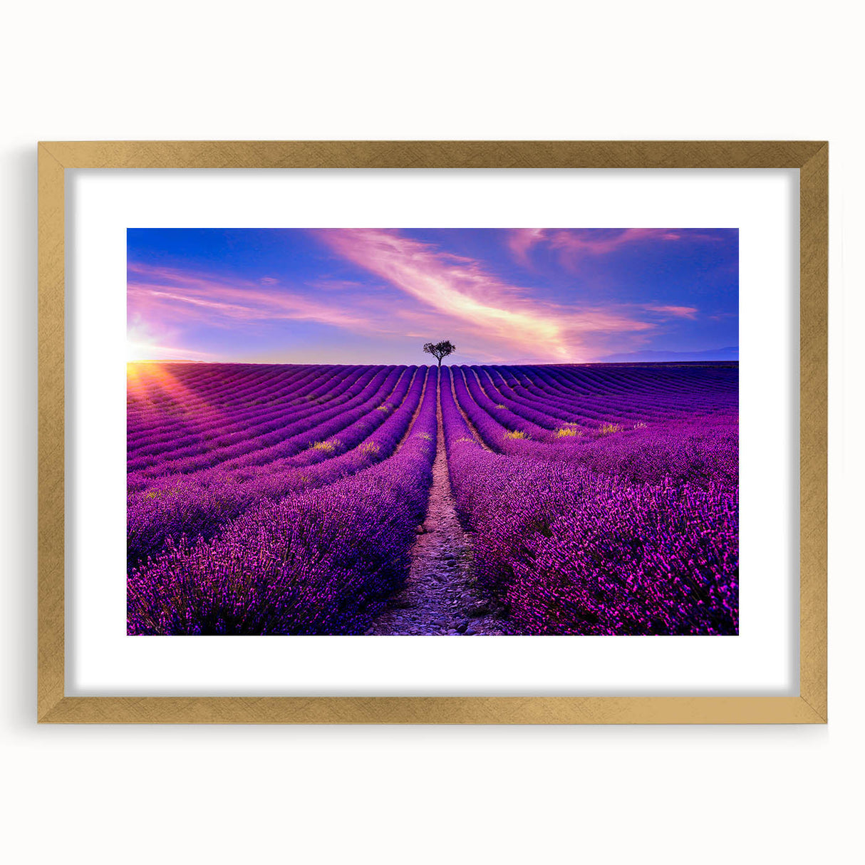 Abstract art print depicting a vibrant Provence landscape in a gold frame, ideal for dining room decor.