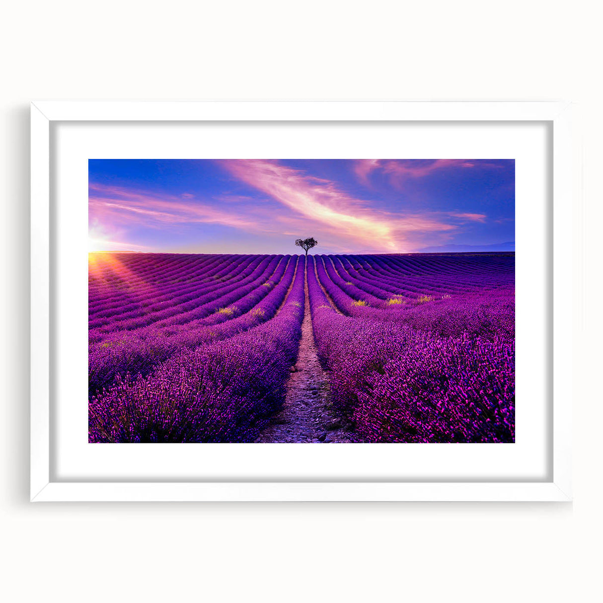 Textured abstract art print of a Provencal landscape in soft earth tones on a framed white mat, ideal for bedroom art.