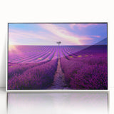 Mid-century modernist art depicting a Provencal landscape in soft pastel colors on a white-framed acrylic.