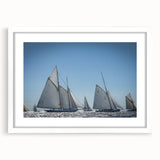 Textured abstract art print depicting a dreamy French landscape in soft blue and green hues on a white framed canvas.