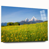 Large abstract wall art depicting a scenic Bavarian landscape in muted green and blue tones on acrylic glass.