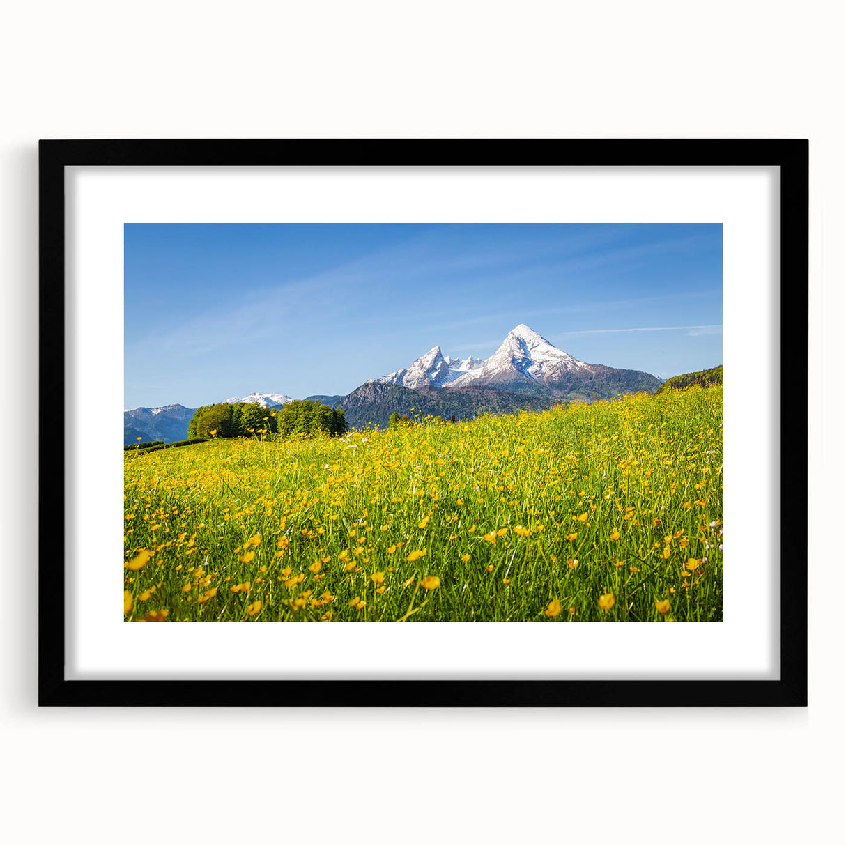 Extra large abstract art print of a colorful Bavarian landscape on textured canvas, framed in black.