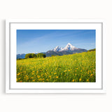 Abstract textured art print of a Bavarian landscape in muted earth tones, framed with a white mat, ideal for bedroom art.