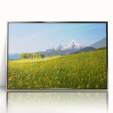 Large art print of a Bavarian landscape in muted earth tones on a silver-framed acrylic.