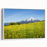 Framed canvas landscape art painting depicting a scenic Bavarian village with a palette of vibrant greens and blues.