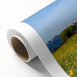 Art deco poster of a Bavarian landscape in muted green and blue tones on rolled canvas, ideal for nursery wall art.