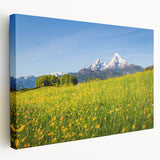 Scenic Bavarian landscape on stretched canvas, featuring muted green and blue tones, ideal for kitchen wall art.