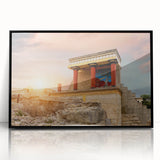 Large abstract wall art of a European scenery in Crete, Greece, with muted earth tones on a framed acrylic.