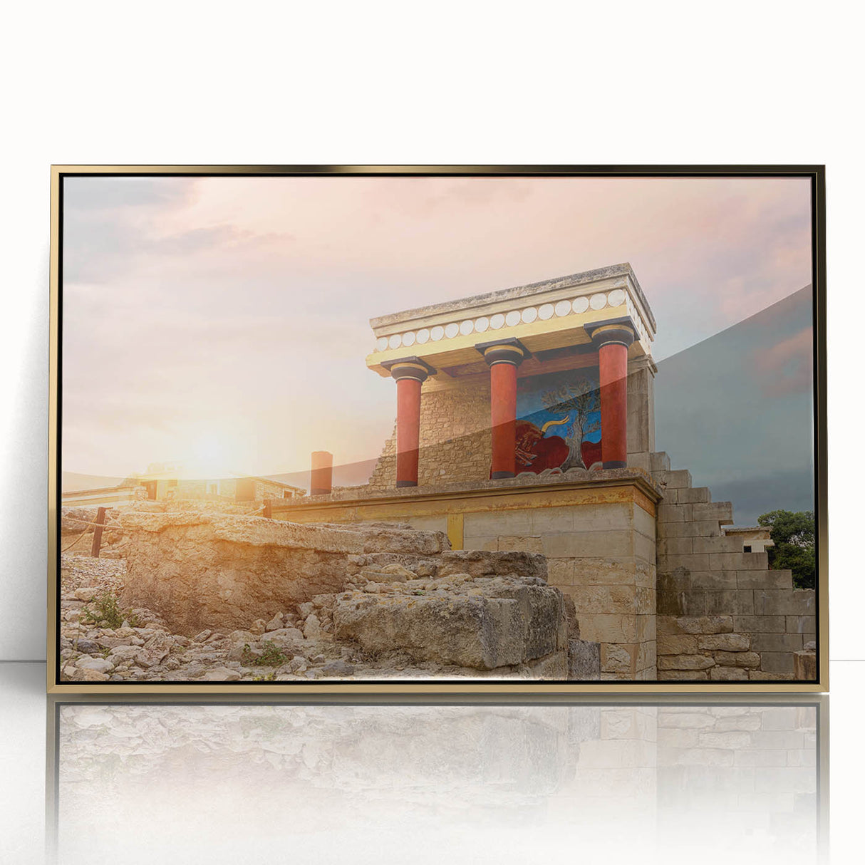 Art deco poster of a Crete, Greece scenery in gold frame, acrylic print, suited for modern art wall decor.