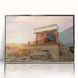 Large art print of a Crete, Greece landscape in muted earth tones on acrylic, framed in silver.