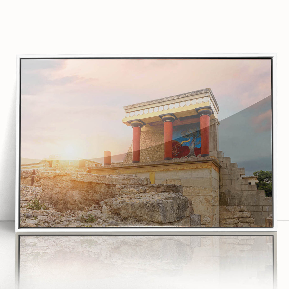Mid-century modernist art depicting a European scenery in Crete, with muted earth tones on a framed acrylic print.