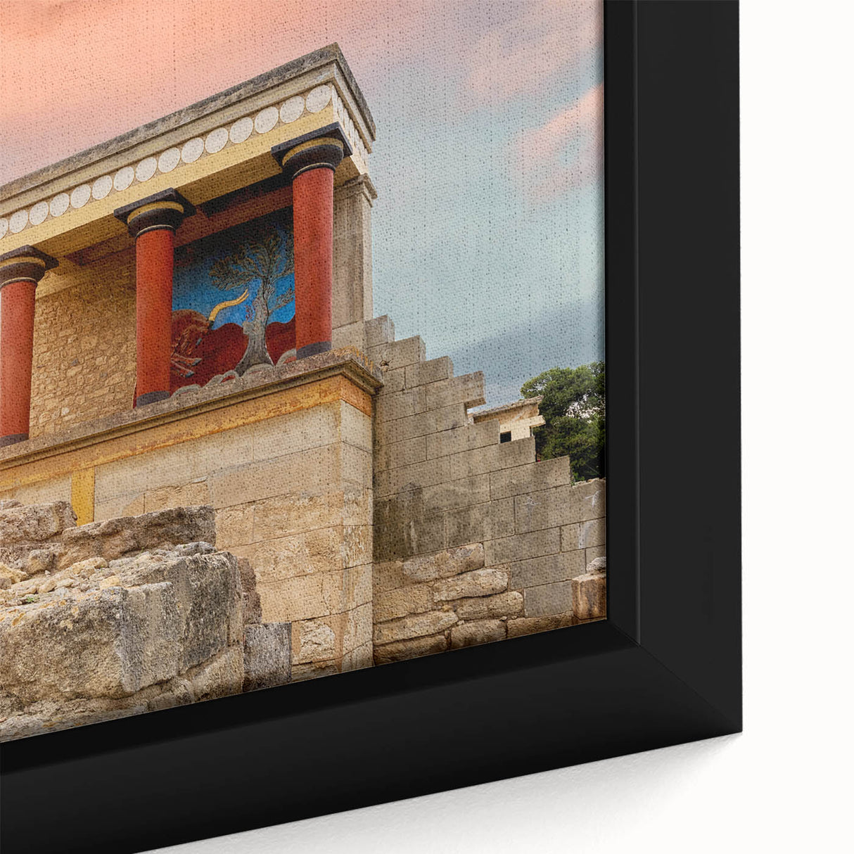 Black wall art featuring a textured, colorful depiction of Crete, Greece on a framed canvas, ideal for living room decor.