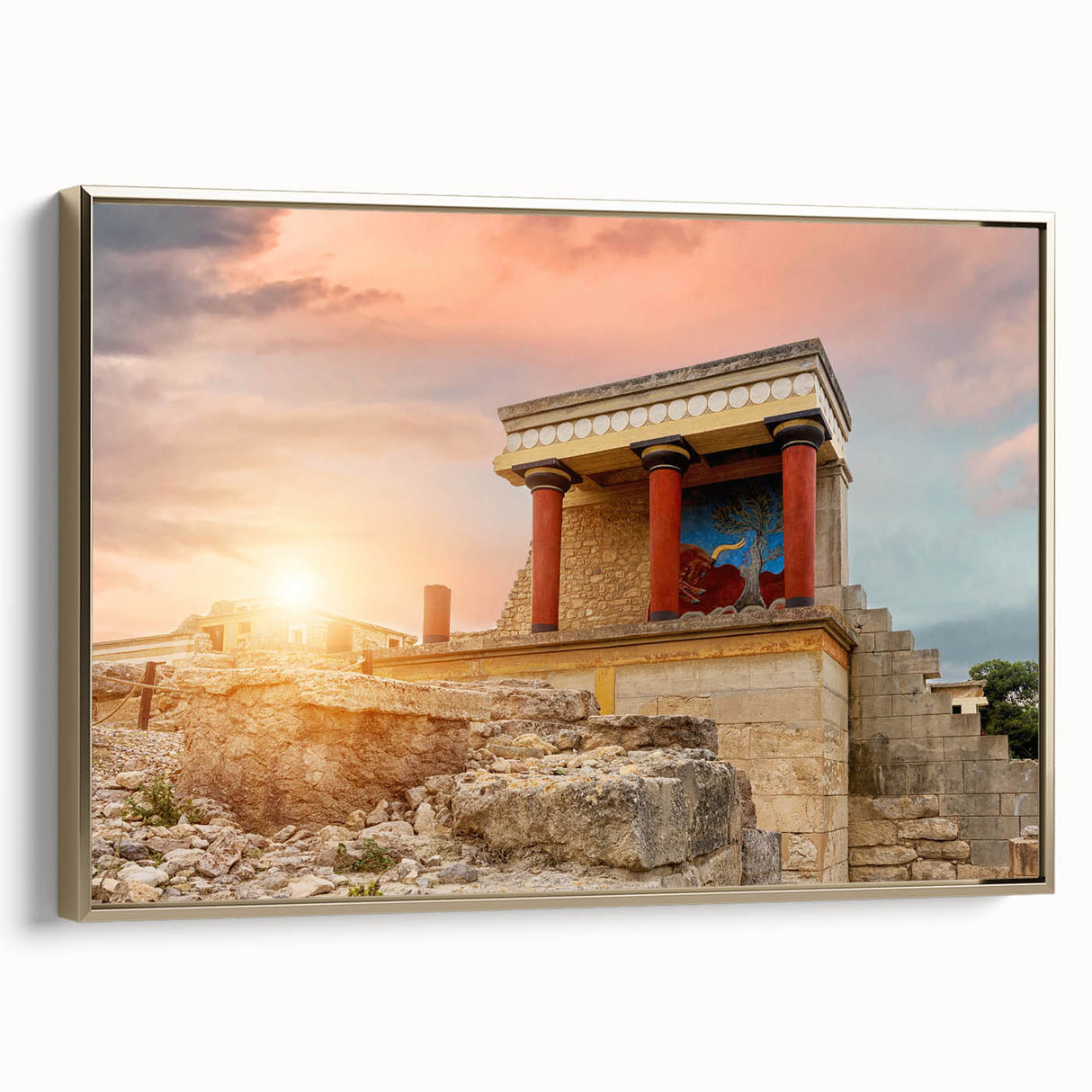 Framed canvas landscape painting of Crete, Greece with muted earth tones, ideal for bedroom wall art.