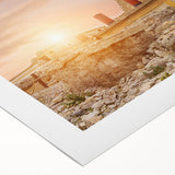 Art deco poster of Crete scenery in muted blue and white tones on rolled canvas, suitable for dining room wall art.