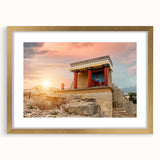 Extra large abstract art print of a European scenery in Crete, with textured gold frame, ideal for living room decor.