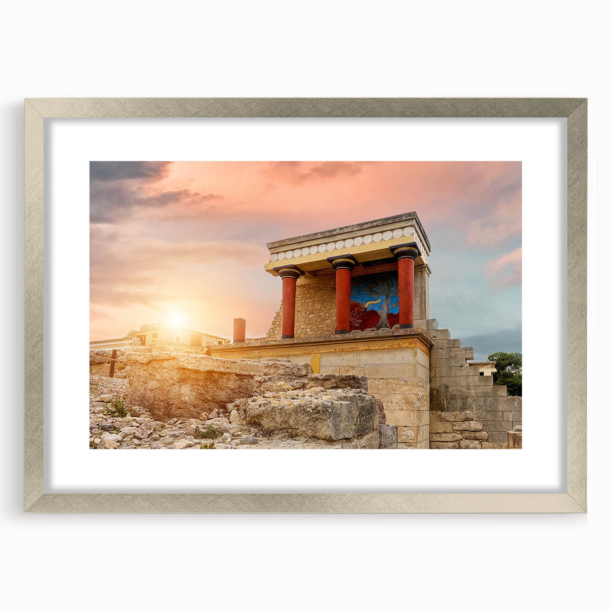 Textured abstract art print of a European scenery in Crete, featuring muted earth tones on a silver-framed mat.