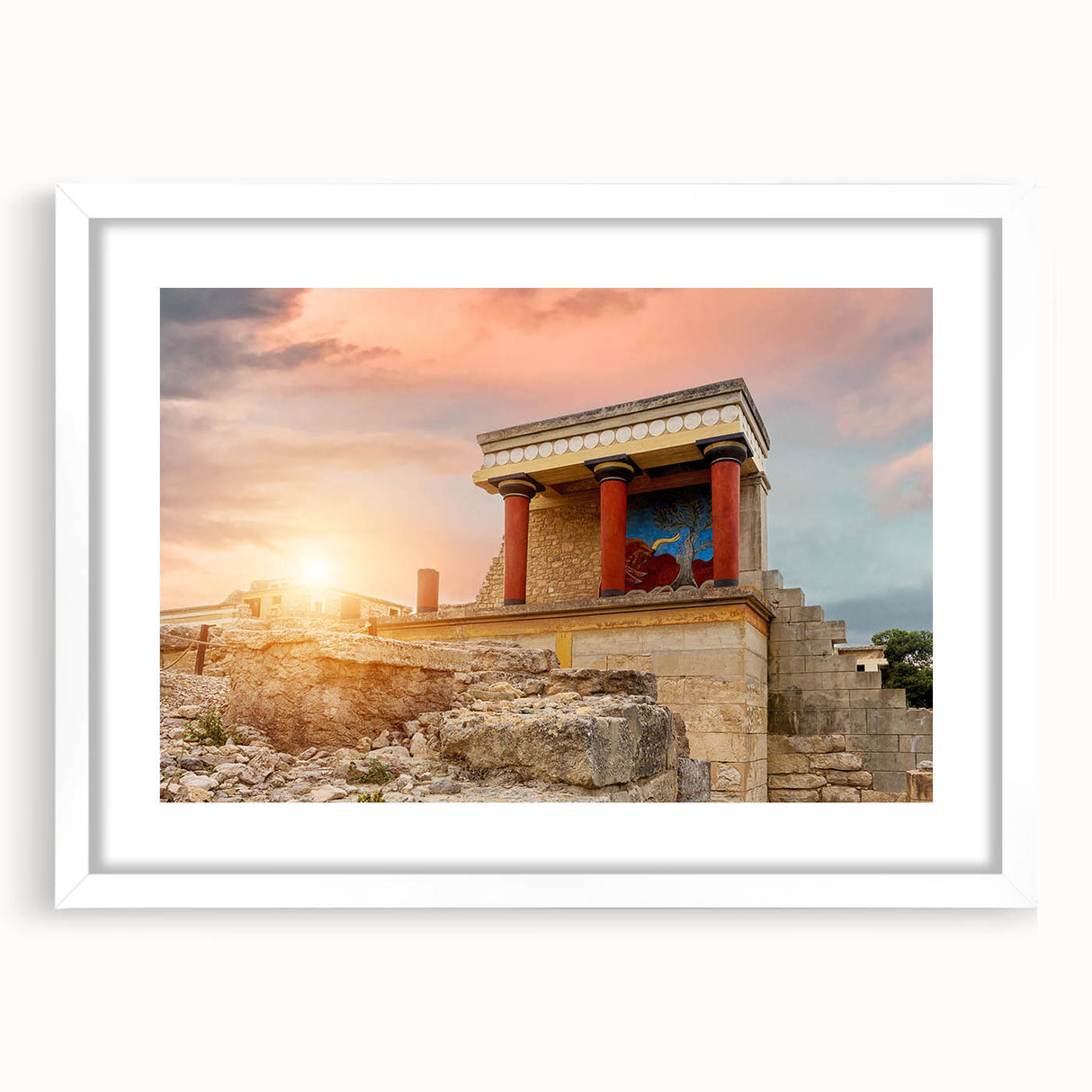 Abstract art print of a Crete, Greece landscape in muted earth tones on a framed white mat, ideal for dining room decor.