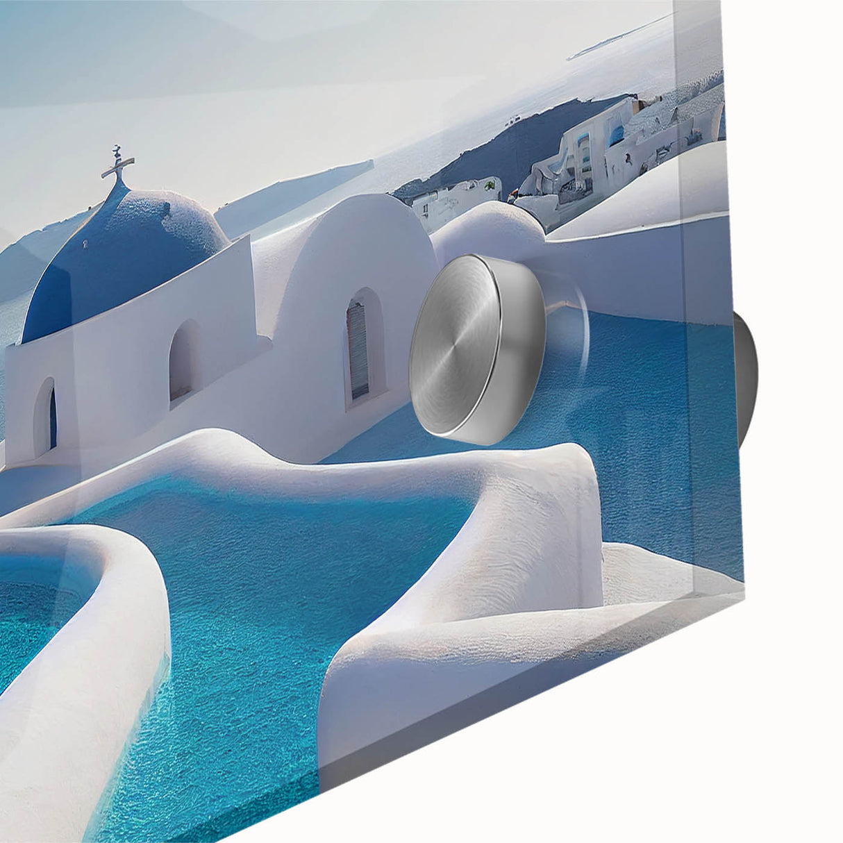 Acrylic print of a large abstract depiction of Santorini, Greece in vibrant blue and white tones, ideal for dining room art.