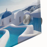 Acrylic print of a large abstract depiction of Santorini, Greece in vibrant blue and white tones, ideal for dining room art.