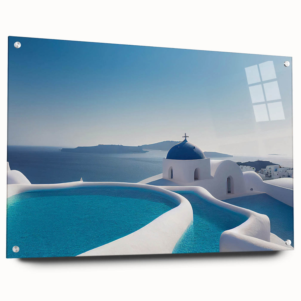 Acrylic glass print of Santorini scenery depicting white buildings against a blue sky, ideal for dining room art.