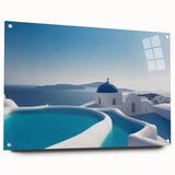 Acrylic glass print of Santorini scenery depicting white buildings against a blue sky, ideal for dining room art.