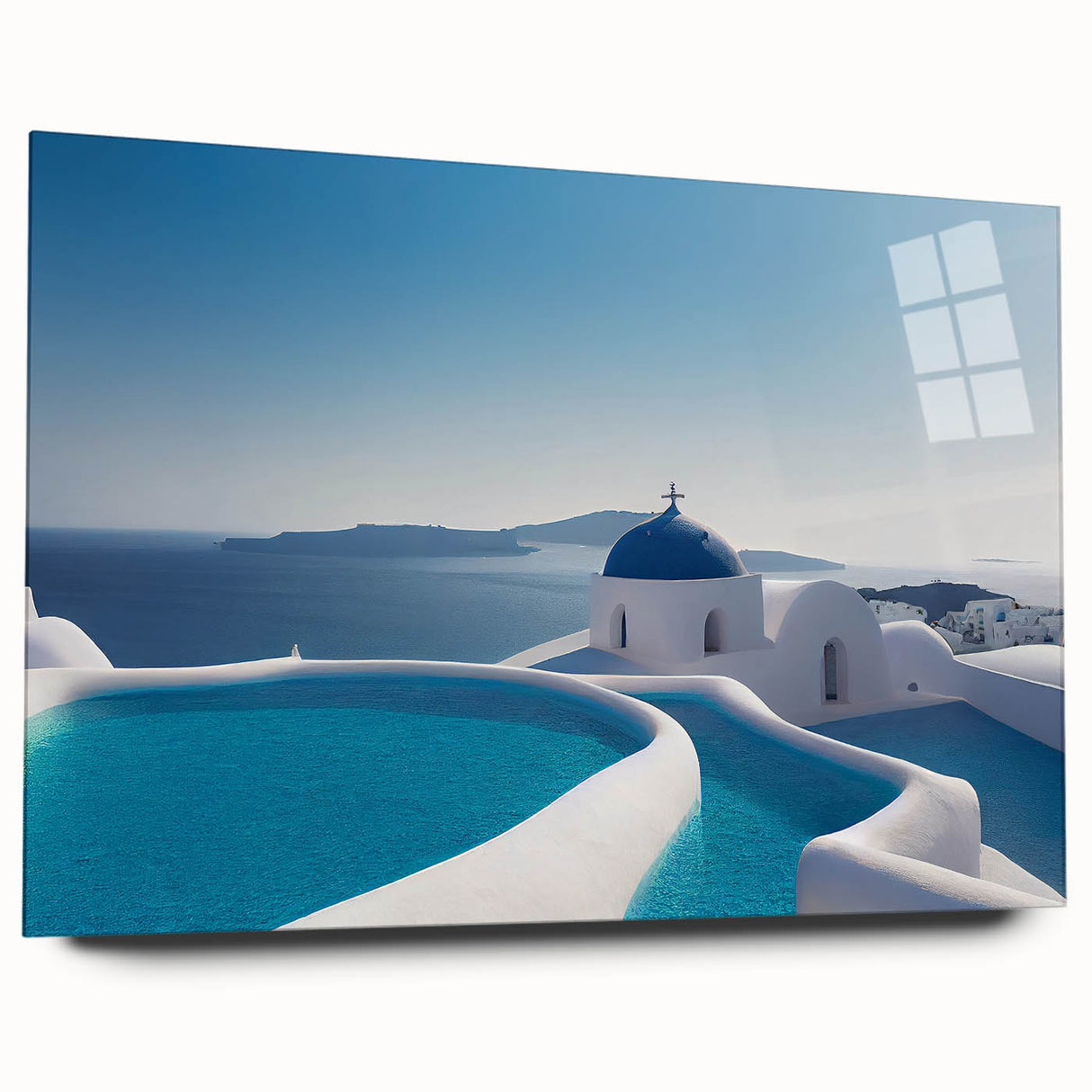 Acrylic print of Santorini landscape, featuring white buildings and blue roofs, ideal for bedroom or dining room art.