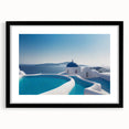 Colorful abstract art print of Santorini, featuring vibrant blue and white tones on a large textured canvas.