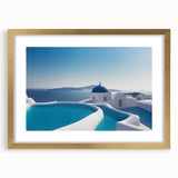 Textured art print of abstract Santorini scenery in muted blue and white tones on a framed canvas, ideal for bedroom art.