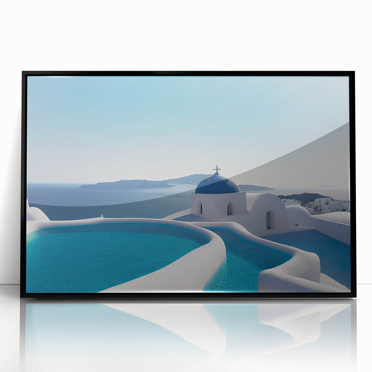 Large abstract wall art of Santorini with blue and white tones, framed in black acrylic, ideal for modern living room decor.