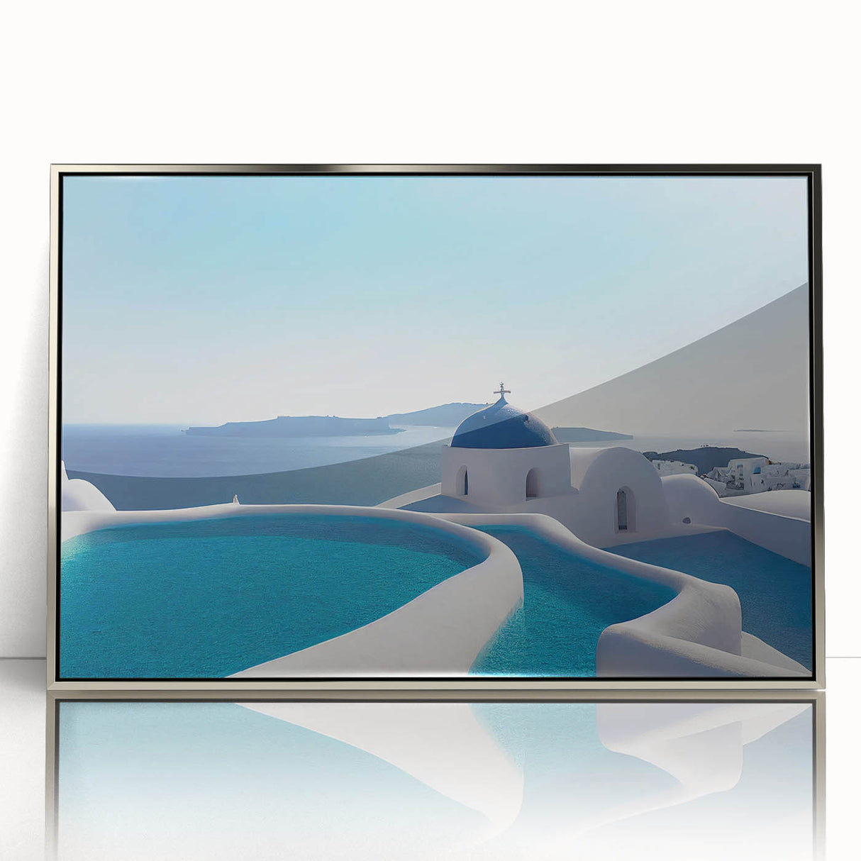 Framed acrylic print of Santorini with blue and white houses and a clear sky, ideal for modern art wall decor.
