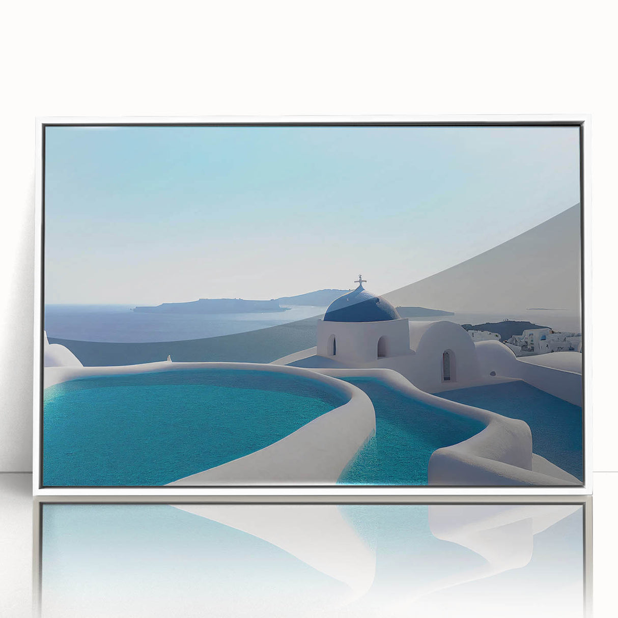 Mid-century modernist art depicting Santorini landscape in muted blue and white tones on framed acrylic.