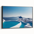 Black and white wall art of Santorini landscape on framed canvas, ideal for bedroom decor.