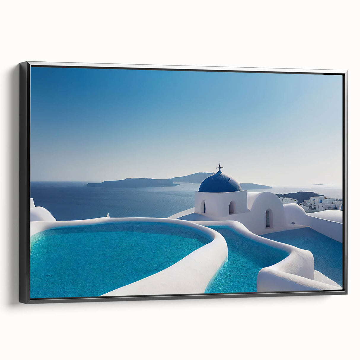Black and white wall art of Santorini landscape on framed canvas, ideal for bedroom decor.