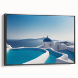 Black and white wall art of Santorini landscape on framed canvas, ideal for bedroom decor.