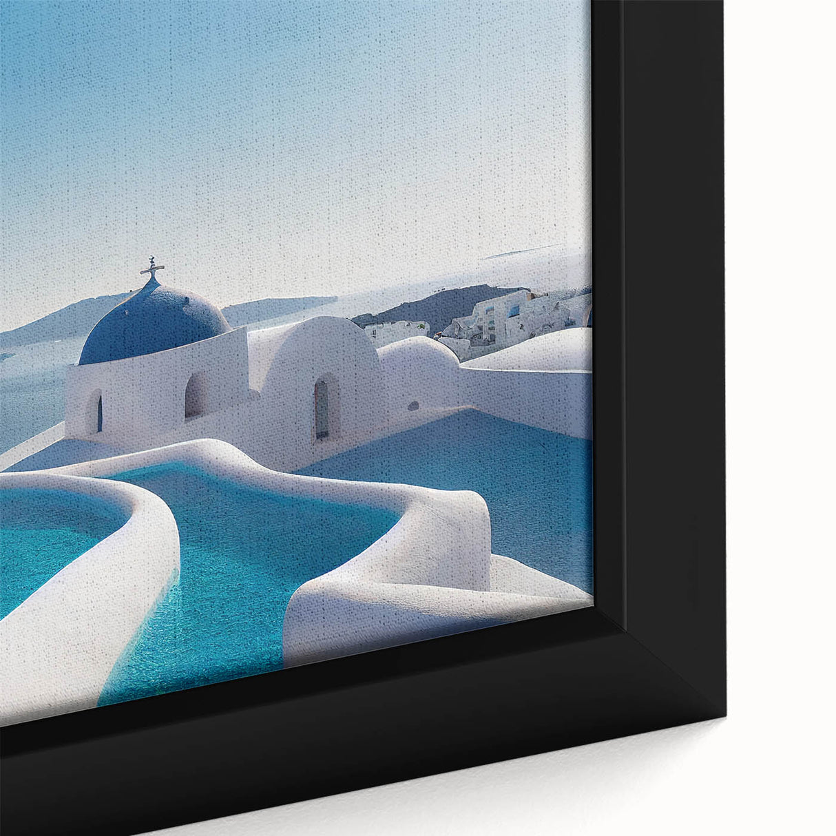 Extra large framed canvas featuring a textured depiction of Santorini, Greece in black with colorful accents.