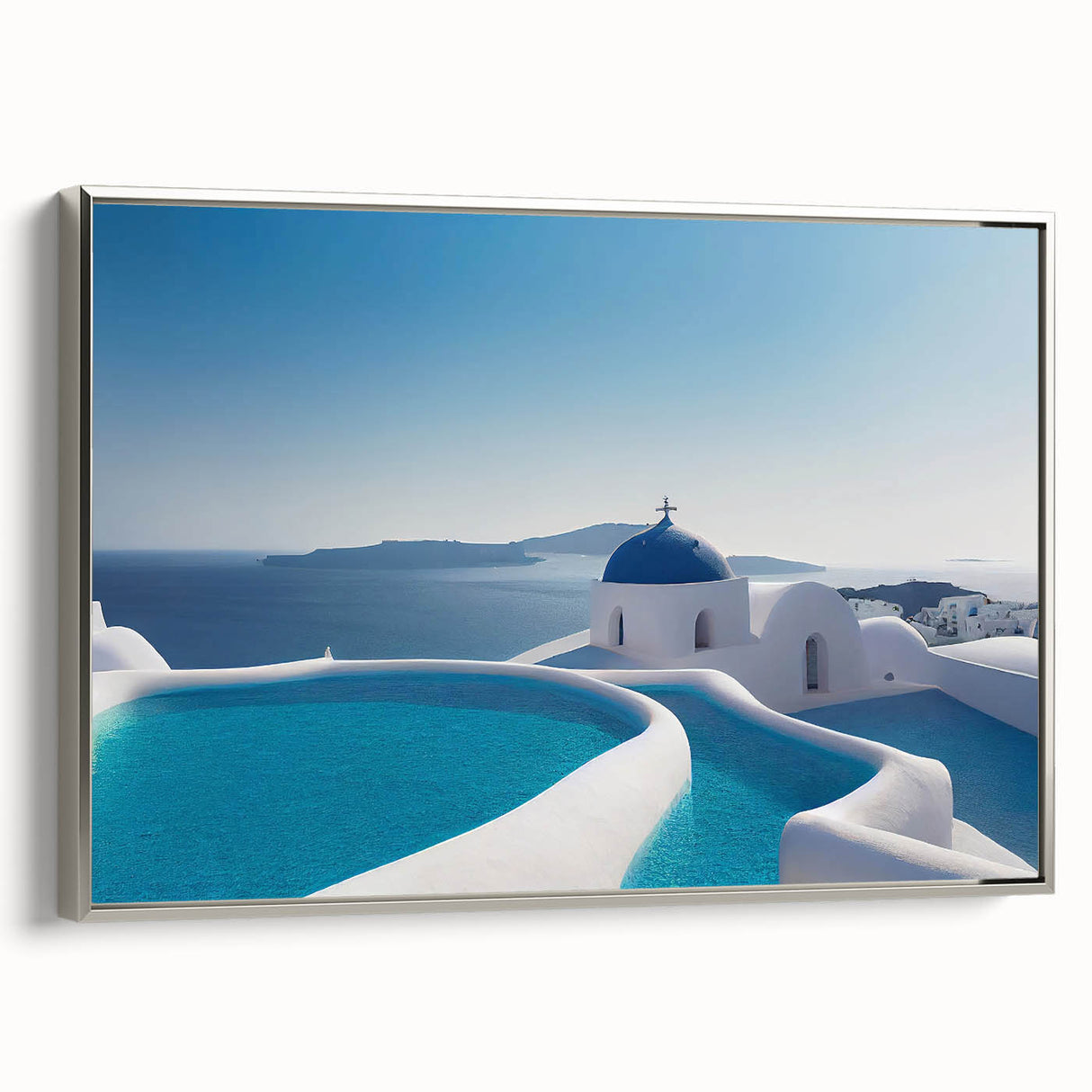 Framed canvas landscape art painting of Santorini, featuring vibrant blue and white buildings, ideal for living room decor.