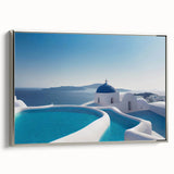 Framed canvas landscape art painting of Santorini, featuring vibrant blue and white buildings, ideal for living room decor.