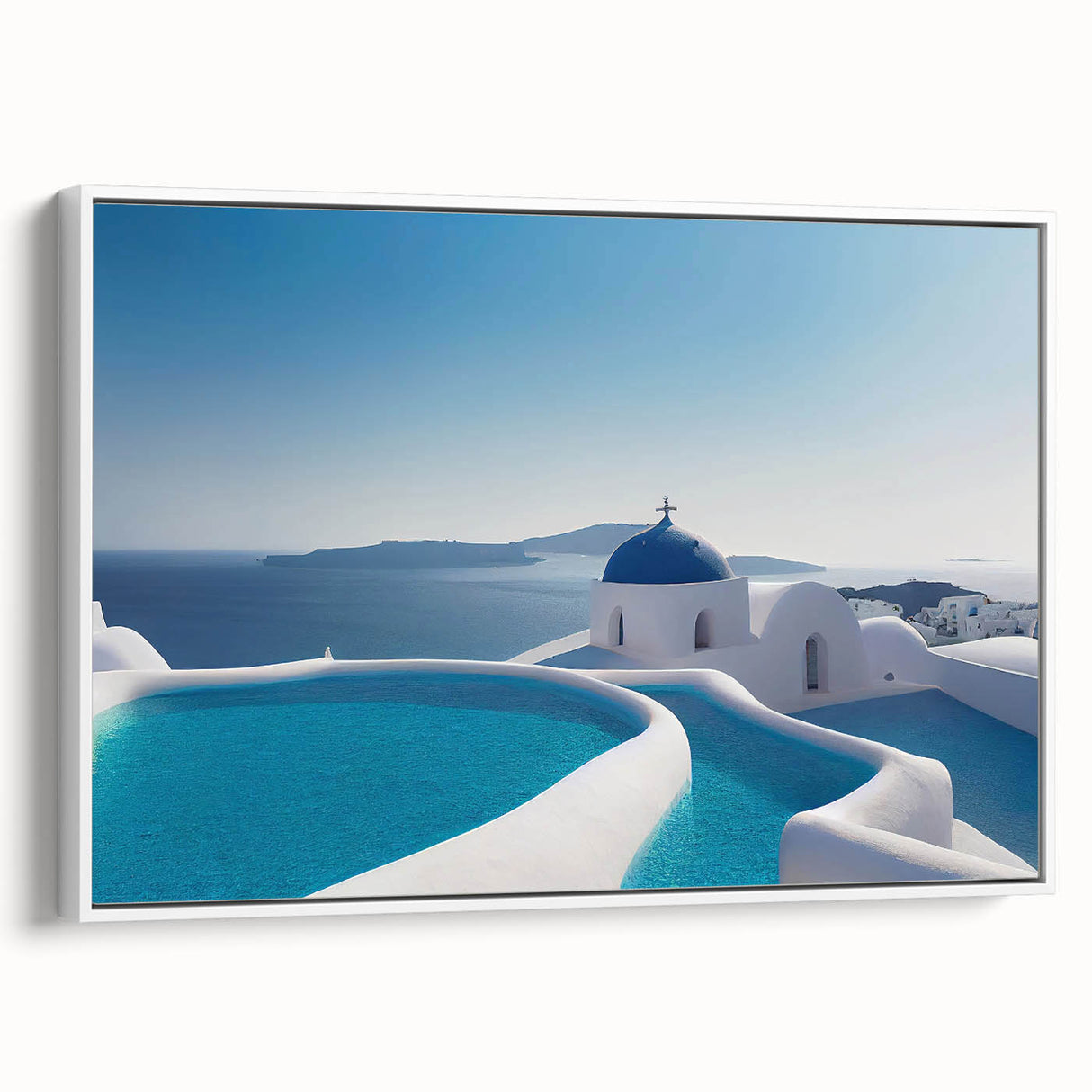 Vintage poster art of Santorini with vibrant blue and white tones on framed canvas, ideal for living room decor.