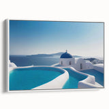 Vintage poster art of Santorini with vibrant blue and white tones on framed canvas, ideal for living room decor.
