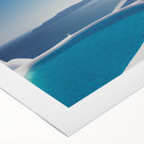 Art deco poster of Santorini landscape in pastel shades on rolled canvas, suitable for dining room wall art.