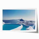Rolled print of Santorini scenery with white buildings and blue domes, ideal for art wall dining room.