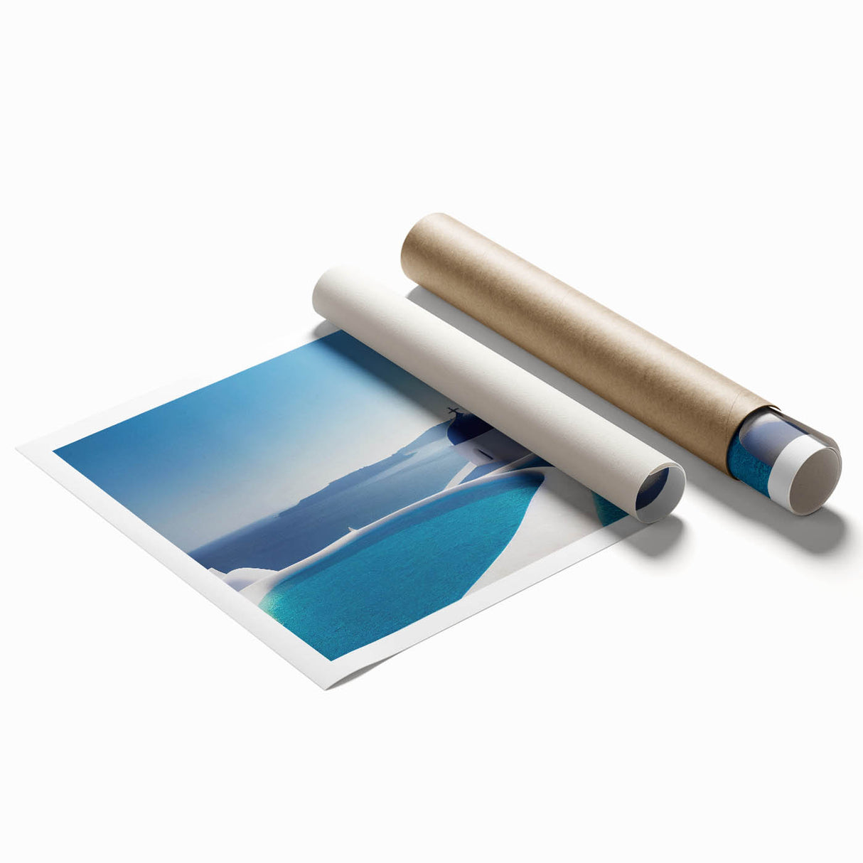 Extra large wall art of Santorini scenery with vibrant blue and white tones on a rolled print.
