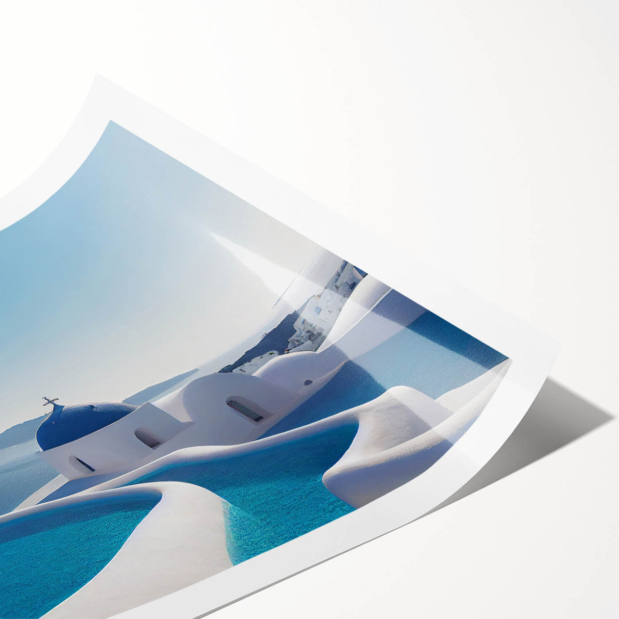 Extra large wall art featuring line art flowers over a scenic Santorini backdrop, printed on rolled canvas.